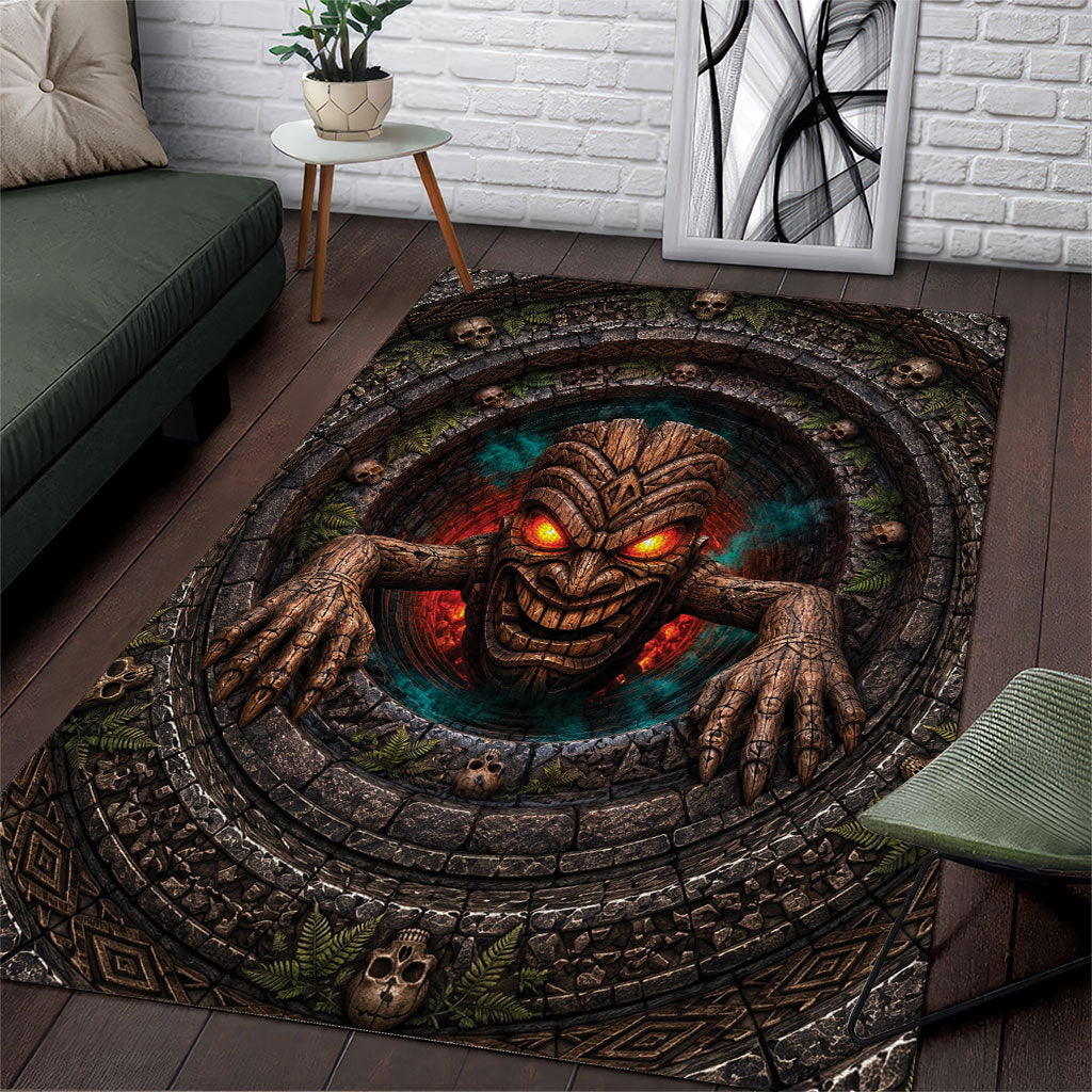 3D Illusion Haunted Tiki Totem Halloween Area Rug Polynesian Wood Spirit Fiery