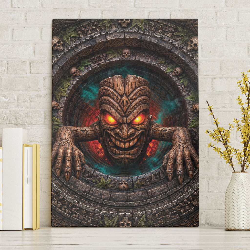 3D Illusion Haunted Tiki Totem Halloween Canvas Wall Art Polynesian Wood Spirit Fiery