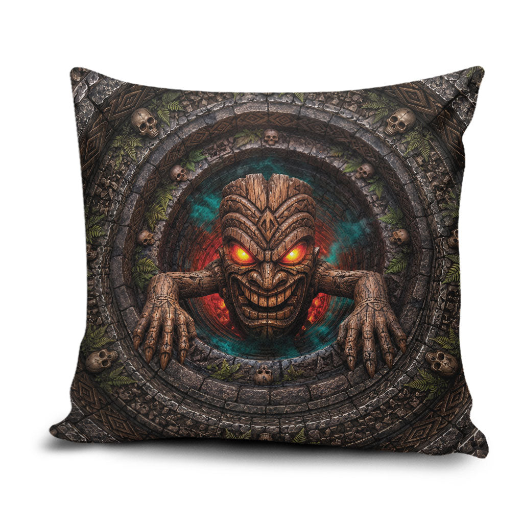3D Illusion Haunted Tiki Totem Halloween Pillow Cover Polynesian Wood Spirit Fiery