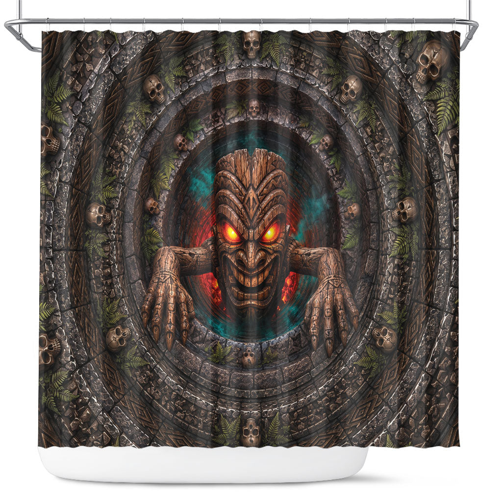 3D Illusion Haunted Tiki Totem Halloween Shower Curtain Polynesian Wood Spirit Fiery