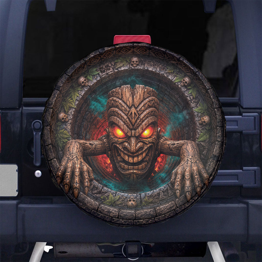 3D Illusion Haunted Tiki Totem Halloween Spare Tire Cover Polynesian Wood Spirit Fiery