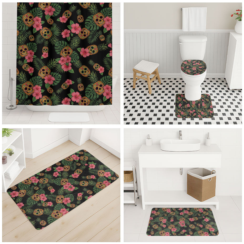 Tropical Calavera Hawaiian Bathroom Set Sugar Skull Pineapple Hibiscus Floral DT05 - Polynesian Pride