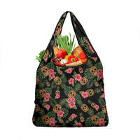 Tropical Calavera Hawaiian Grocery Bag Sugar Skull Pineapple Hibiscus Floral DT05 1-pack One Size Black - Polynesian Pride