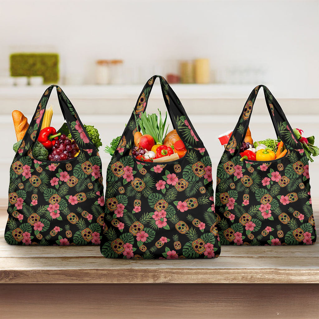 Tropical Calavera Hawaiian Grocery Bag Sugar Skull Pineapple Hibiscus Floral DT05 3-pack One Size Black - Polynesian Pride