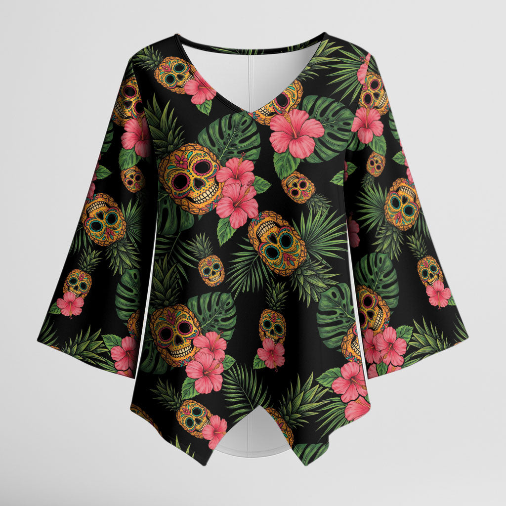 Tropical Calavera Hawaiian Kimono Sleeve Blouse Sugar Skull Pineapple Hibiscus Floral DT05 Female Black - Polynesian Pride