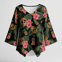 Tropical Calavera Hawaiian Kimono Sleeve Blouse Sugar Skull Pineapple Hibiscus Floral DT05 Female Black - Polynesian Pride