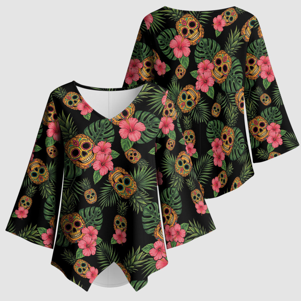 Tropical Calavera Hawaiian Kimono Sleeve Blouse Sugar Skull Pineapple Hibiscus Floral DT05 - Polynesian Pride