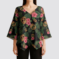 Tropical Calavera Hawaiian Kimono Sleeve Blouse Sugar Skull Pineapple Hibiscus Floral DT05 - Polynesian Pride