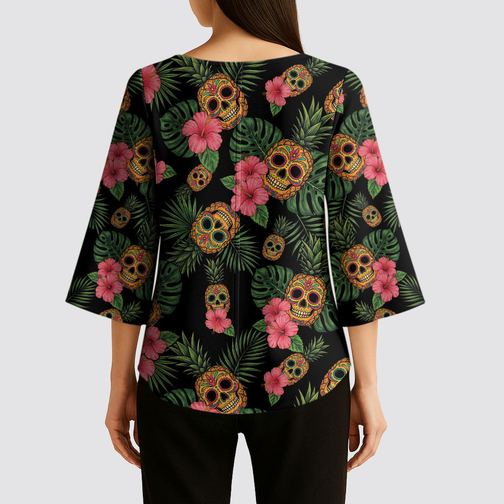 Tropical Calavera Hawaiian Kimono Sleeve Blouse Sugar Skull Pineapple Hibiscus Floral DT05 - Polynesian Pride