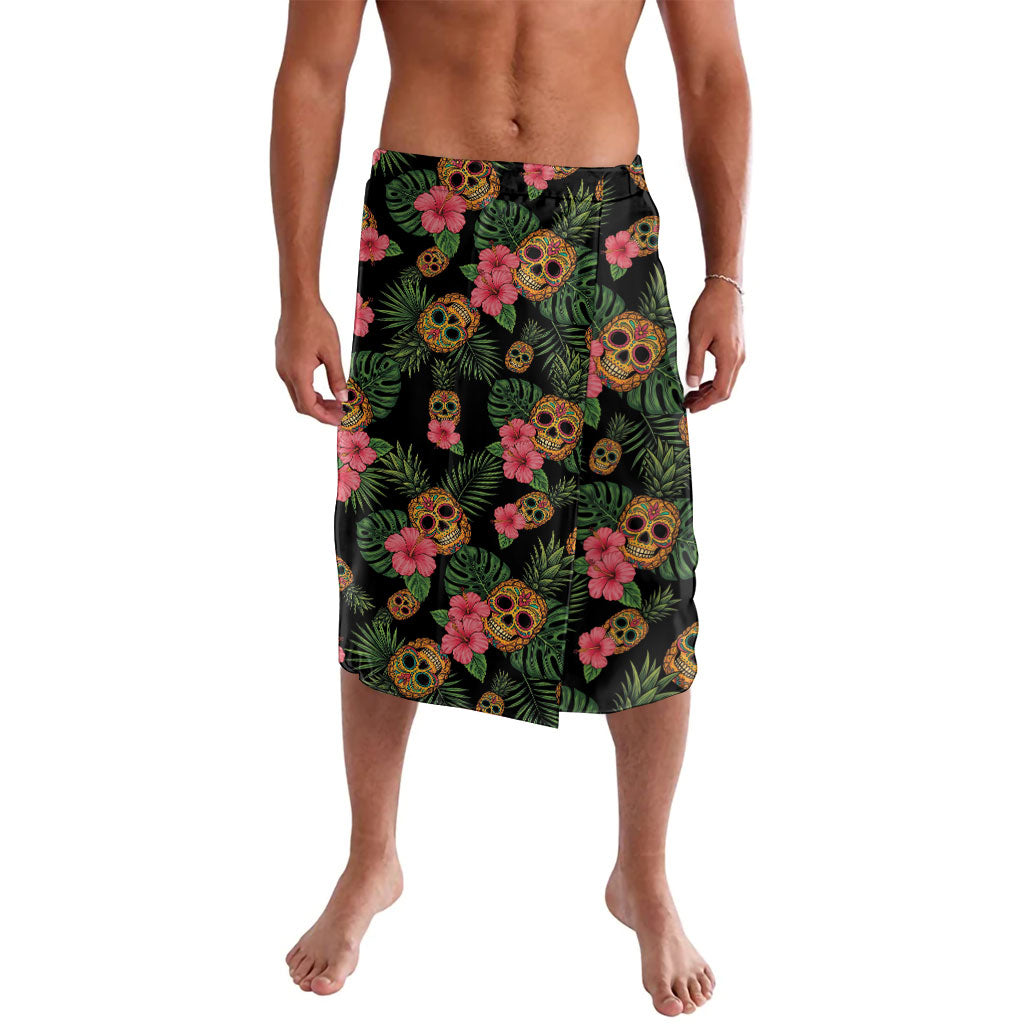 Tropical Calavera Hawaiian Lavalava Sugar Skull Pineapple Hibiscus Floral DT05 Black - Polynesian Pride