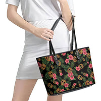 Tropical Calavera Hawaiian Leather Tote Bag Sugar Skull Pineapple Hibiscus Floral DT05 - Polynesian Pride