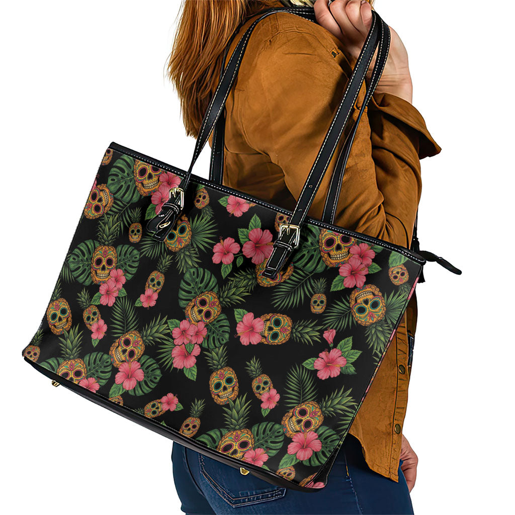 Tropical Calavera Hawaiian Leather Tote Bag Sugar Skull Pineapple Hibiscus Floral DT05 - Polynesian Pride