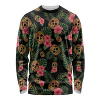 Tropical Calavera Hawaiian Long Sleeve Shirt Sugar Skull Pineapple Hibiscus Floral DT05 Unisex Black - Polynesian Pride