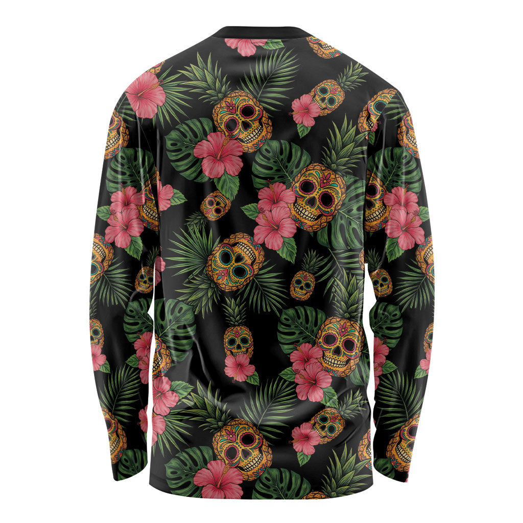 Tropical Calavera Hawaiian Long Sleeve Shirt Sugar Skull Pineapple Hibiscus Floral DT05 - Polynesian Pride