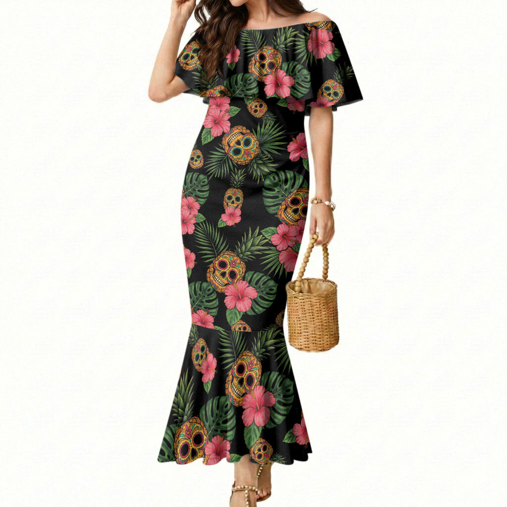 Tropical Calavera Hawaiian Mermaid Dress Sugar Skull Pineapple Hibiscus Floral DT05 Women Black - Polynesian Pride