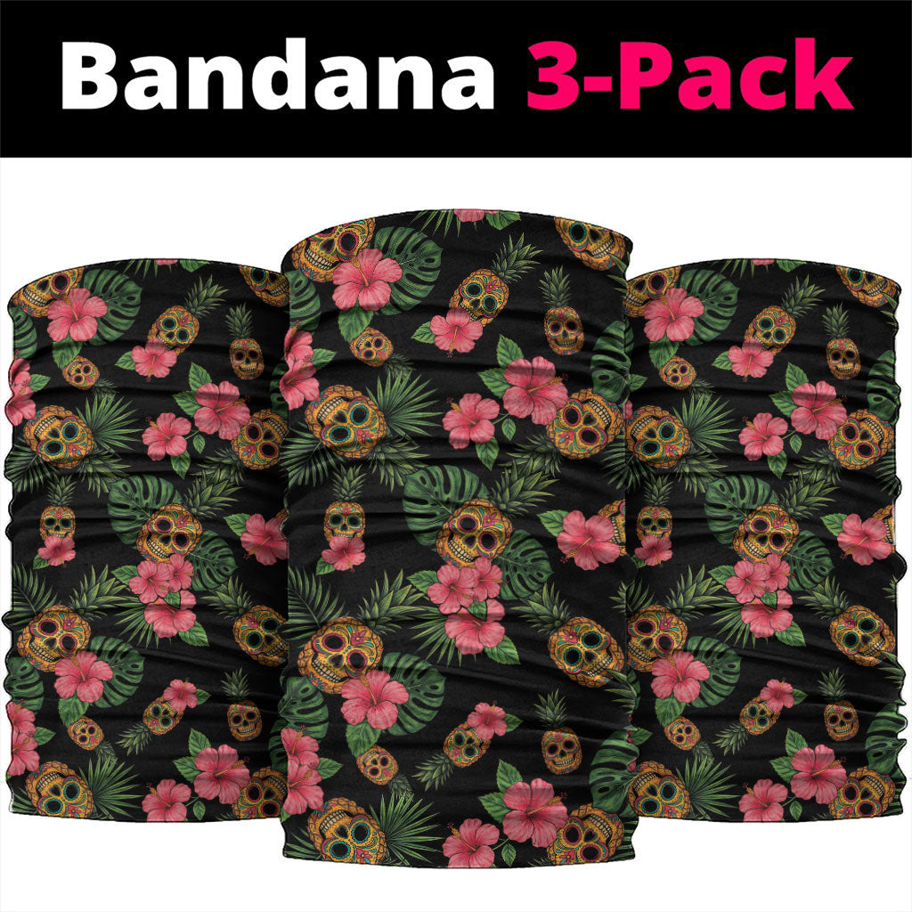 Tropical Calavera Hawaiian Neck Gaiter Sugar Skull Pineapple Hibiscus Floral DT05 package One Size: 25*50cm Black - Polynesian Pride