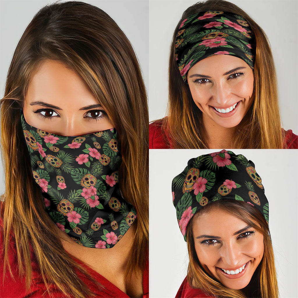 Tropical Calavera Hawaiian Neck Gaiter Sugar Skull Pineapple Hibiscus Floral DT05 - Polynesian Pride