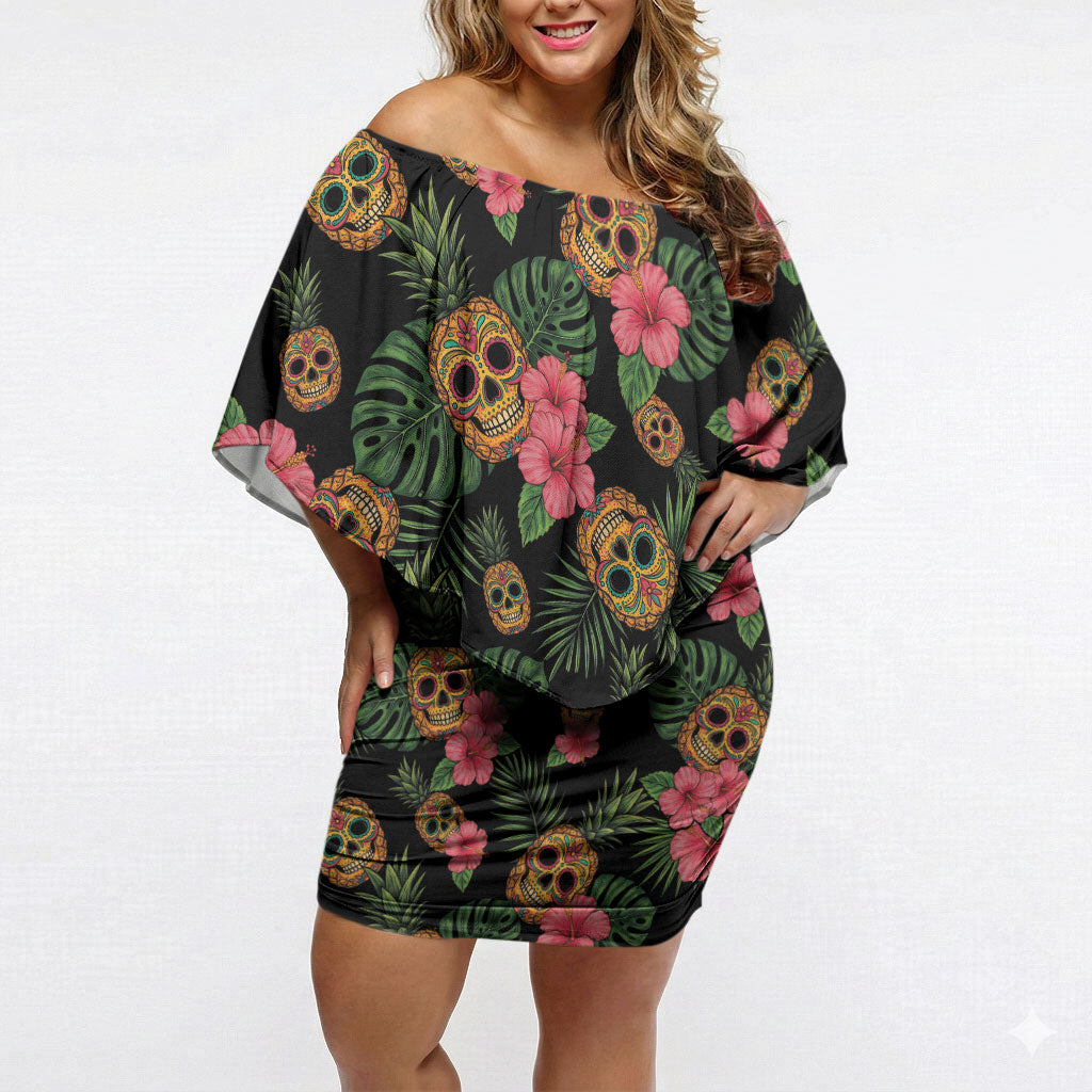 Tropical Calavera Hawaiian Off Shoulder Short Dress Sugar Skull Pineapple Hibiscus Floral DT05 Women Black - Polynesian Pride