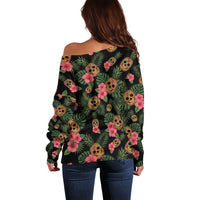 Tropical Calavera Hawaiian Off Shoulder Sweater Sugar Skull Pineapple Hibiscus Floral DT05 - Polynesian Pride