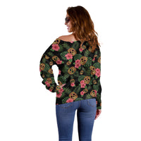 Tropical Calavera Hawaiian Off Shoulder Sweater Sugar Skull Pineapple Hibiscus Floral DT05 - Polynesian Pride