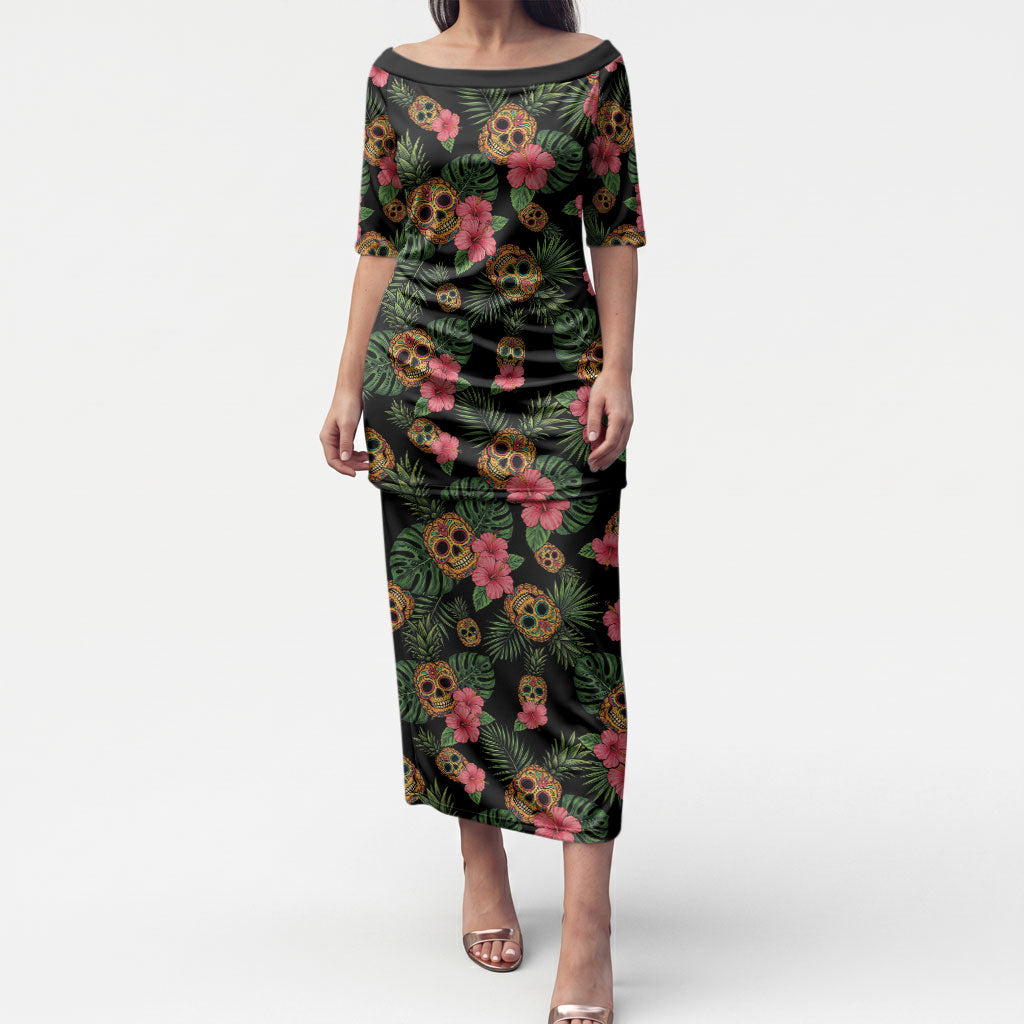 Tropical Calavera Hawaiian Puletasi Sugar Skull Pineapple Hibiscus Floral DT05 Long Dress Black - Polynesian Pride