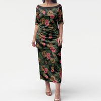 Tropical Calavera Hawaiian Puletasi Sugar Skull Pineapple Hibiscus Floral DT05 Long Dress Black - Polynesian Pride