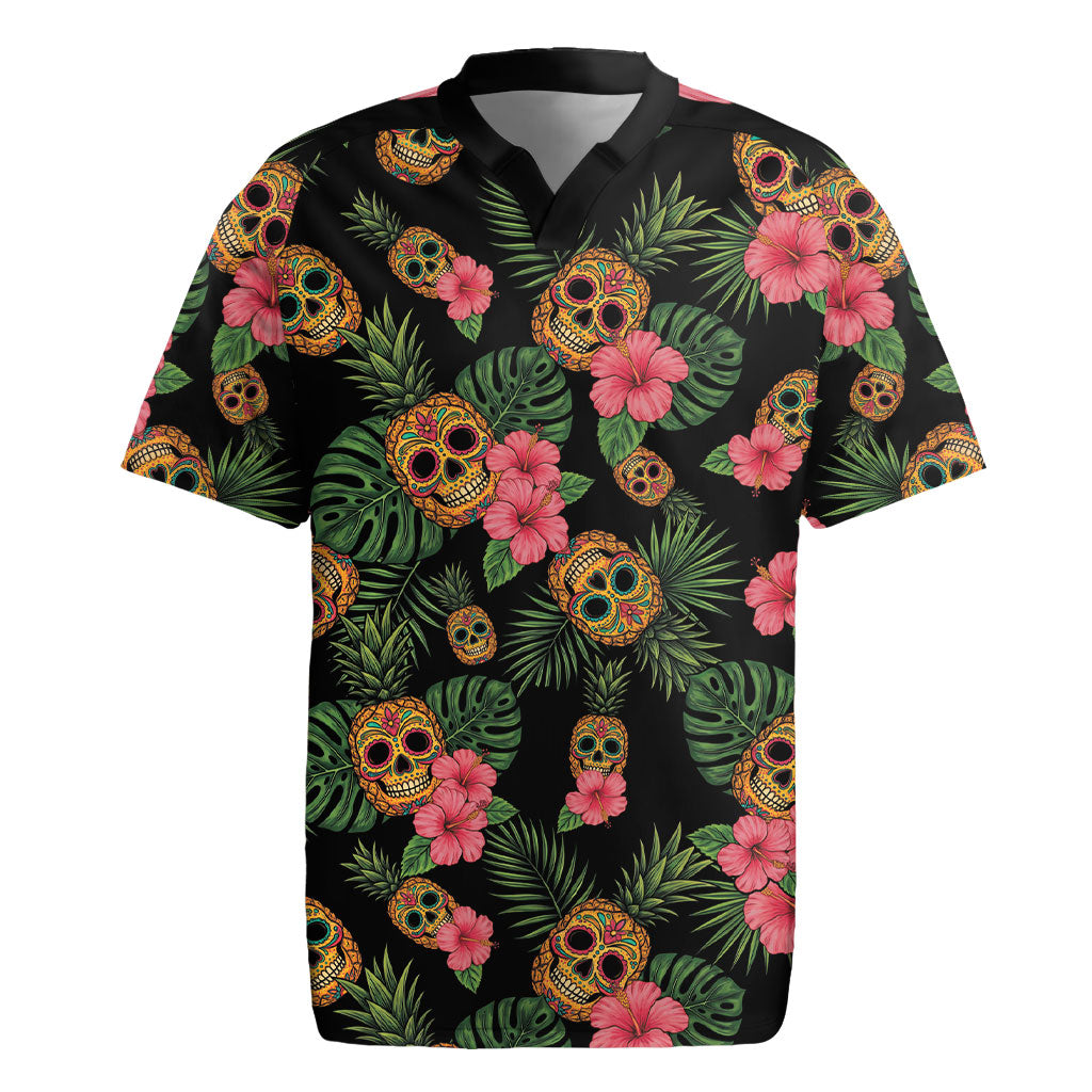 Tropical Calavera Hawaiian Rugby Jersey Sugar Skull Pineapple Hibiscus Floral DT05 Black - Polynesian Pride