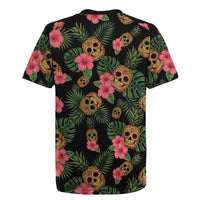 Tropical Calavera Hawaiian Rugby Jersey Sugar Skull Pineapple Hibiscus Floral DT05 - Polynesian Pride