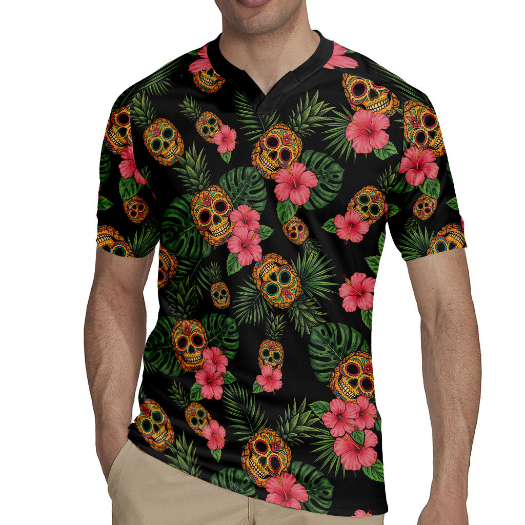 Tropical Calavera Hawaiian Rugby Jersey Sugar Skull Pineapple Hibiscus Floral DT05 - Polynesian Pride