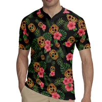 Tropical Calavera Hawaiian Rugby Jersey Sugar Skull Pineapple Hibiscus Floral DT05 - Polynesian Pride
