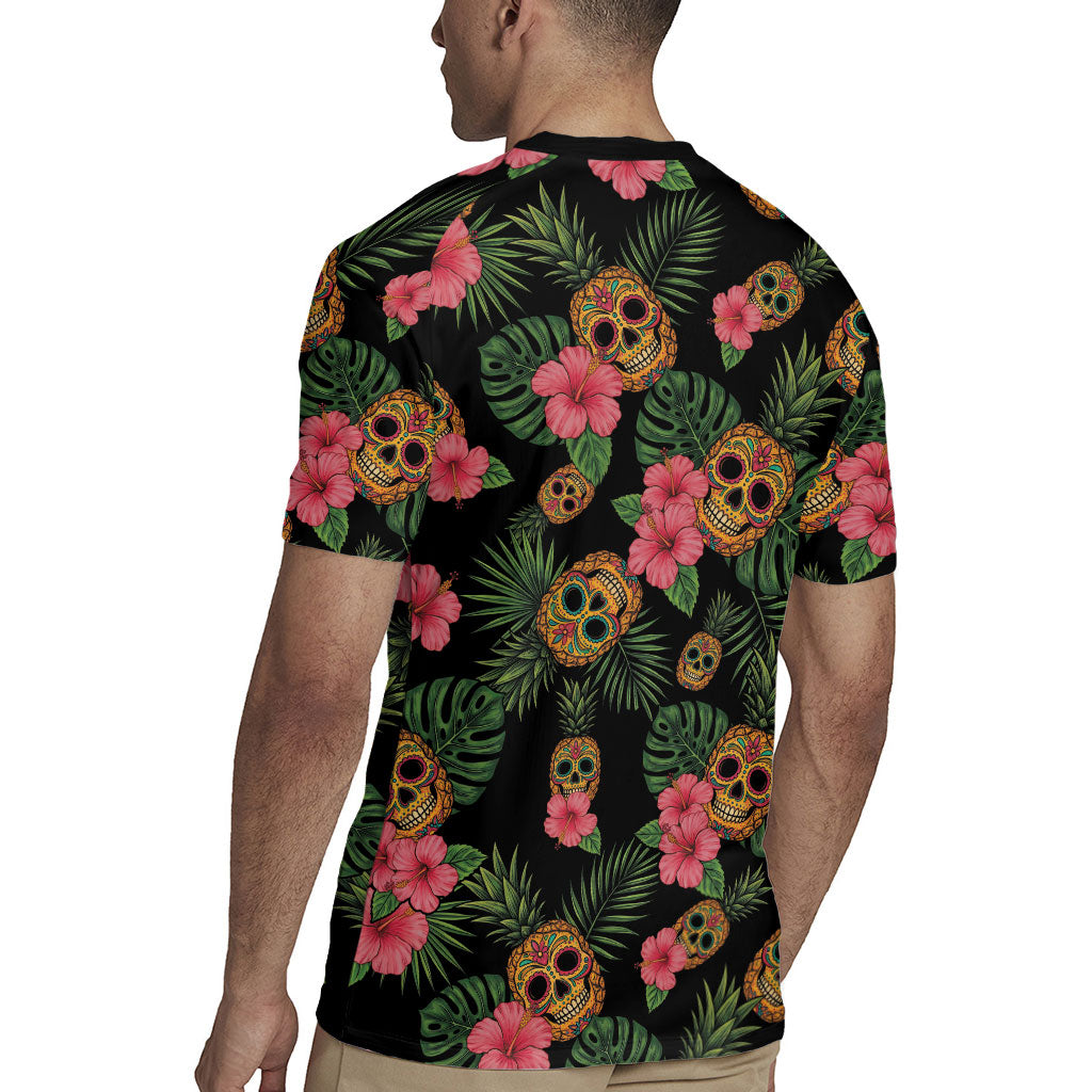 Tropical Calavera Hawaiian Rugby Jersey Sugar Skull Pineapple Hibiscus Floral DT05 - Polynesian Pride