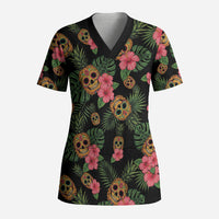 Tropical Calavera Hawaiian Scrub Top Sugar Skull Pineapple Hibiscus Floral DT05 Adult Black - Polynesian Pride