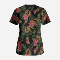 Tropical Calavera Hawaiian Scrub Top Sugar Skull Pineapple Hibiscus Floral DT05 - Polynesian Pride