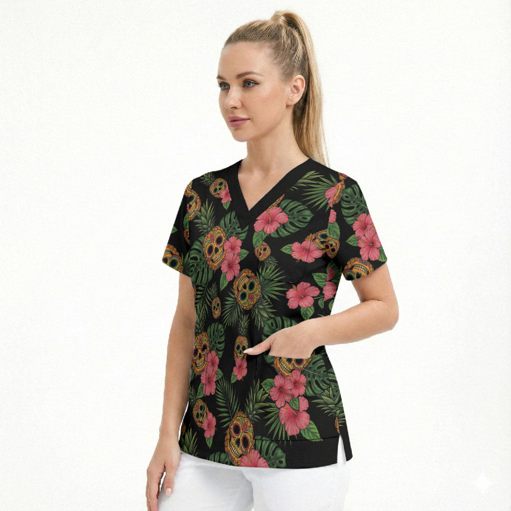 Tropical Calavera Hawaiian Scrub Top Sugar Skull Pineapple Hibiscus Floral DT05 - Polynesian Pride