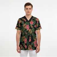 Tropical Calavera Hawaiian Scrub Top Sugar Skull Pineapple Hibiscus Floral DT05 - Polynesian Pride