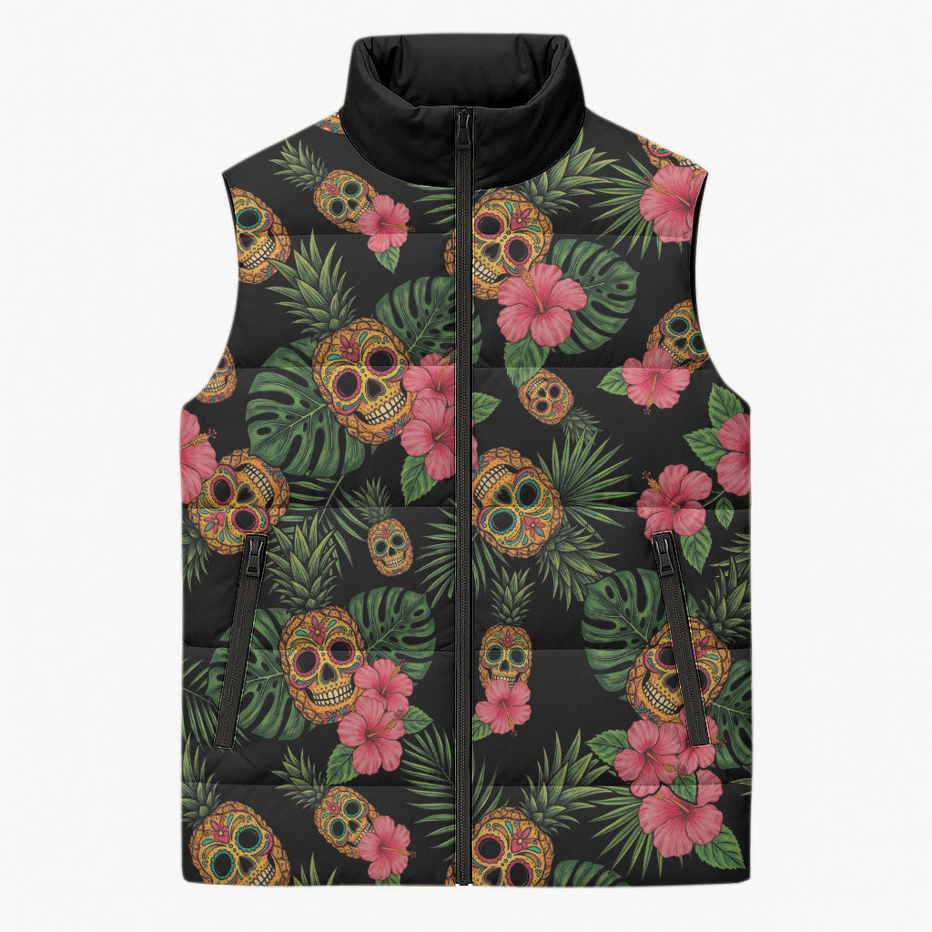 Tropical Calavera Hawaiian Sleeveless Puffer Jacket Sugar Skull Pineapple Hibiscus Floral