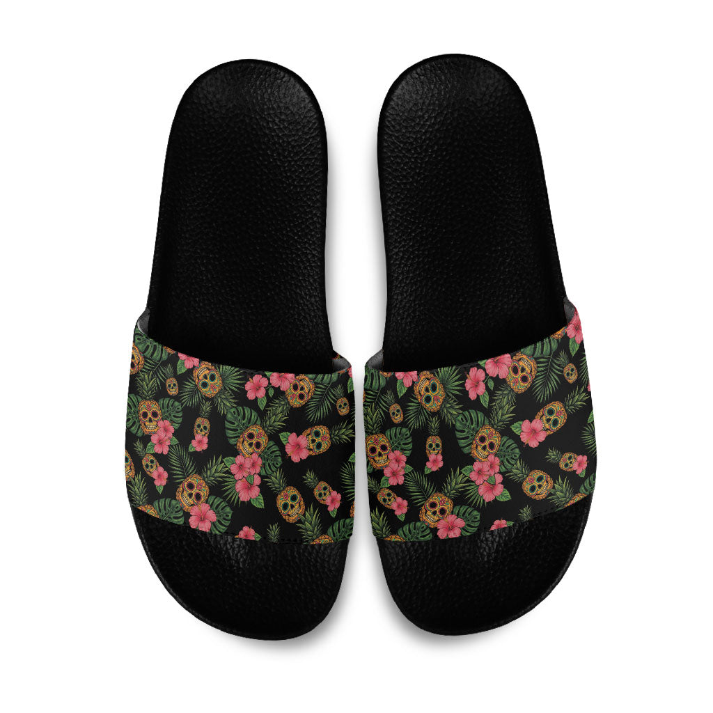 Tropical Calavera Hawaiian Slide Sandals Sugar Skull Pineapple Hibiscus Floral