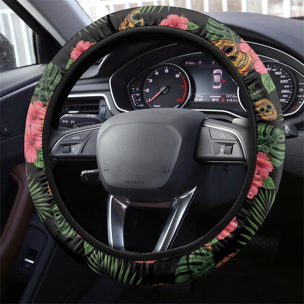 Tropical Calavera Hawaiian Steering Wheel Cover Sugar Skull Pineapple Hibiscus Floral DT05 - Polynesian Pride