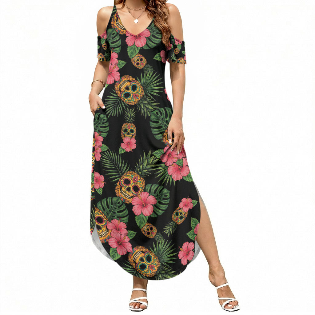 Tropical Calavera Hawaiian Summer Maxi Dress Sugar Skull Pineapple Hibiscus Floral DT05 Women Black - Polynesian Pride