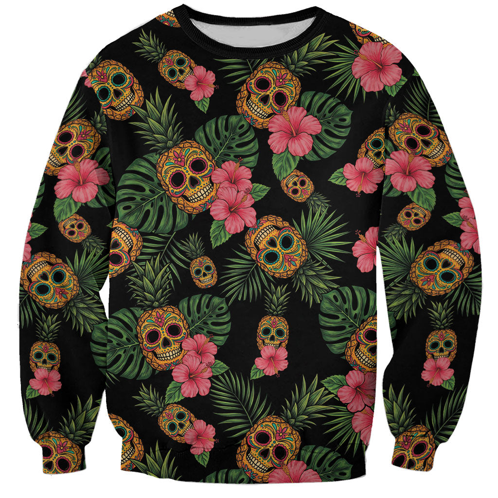 Tropical Calavera Hawaiian Sweatshirt Sugar Skull Pineapple Hibiscus Floral DT05 Unisex Black - Polynesian Pride