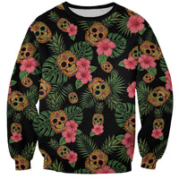 Tropical Calavera Hawaiian Sweatshirt Sugar Skull Pineapple Hibiscus Floral DT05 Unisex Black - Polynesian Pride
