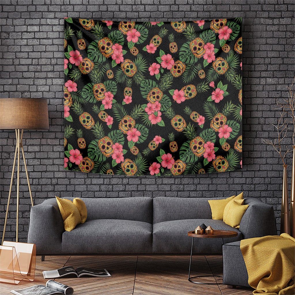 Tropical Calavera Hawaiian Tapestry Sugar Skull Pineapple Hibiscus Floral DT05 Black - Polynesian Pride