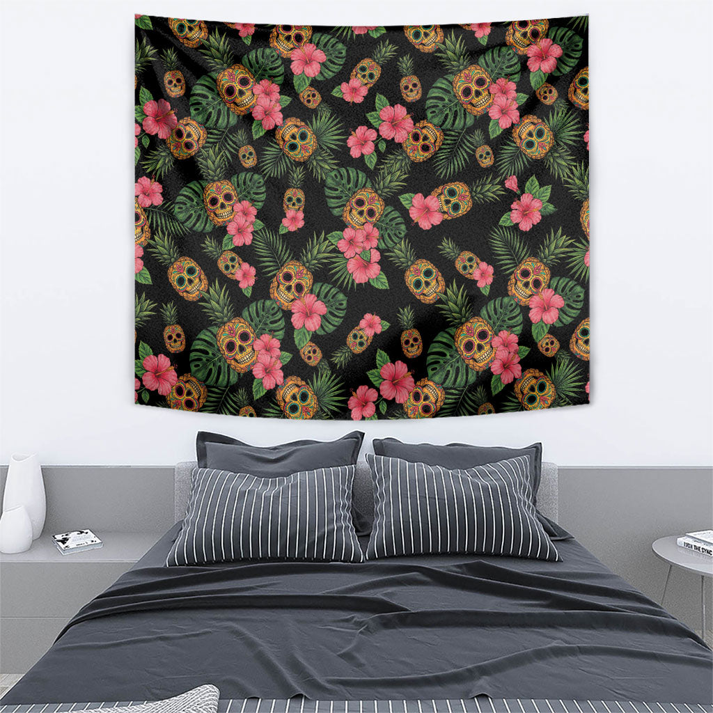 Tropical Calavera Hawaiian Tapestry Sugar Skull Pineapple Hibiscus Floral DT05 - Polynesian Pride