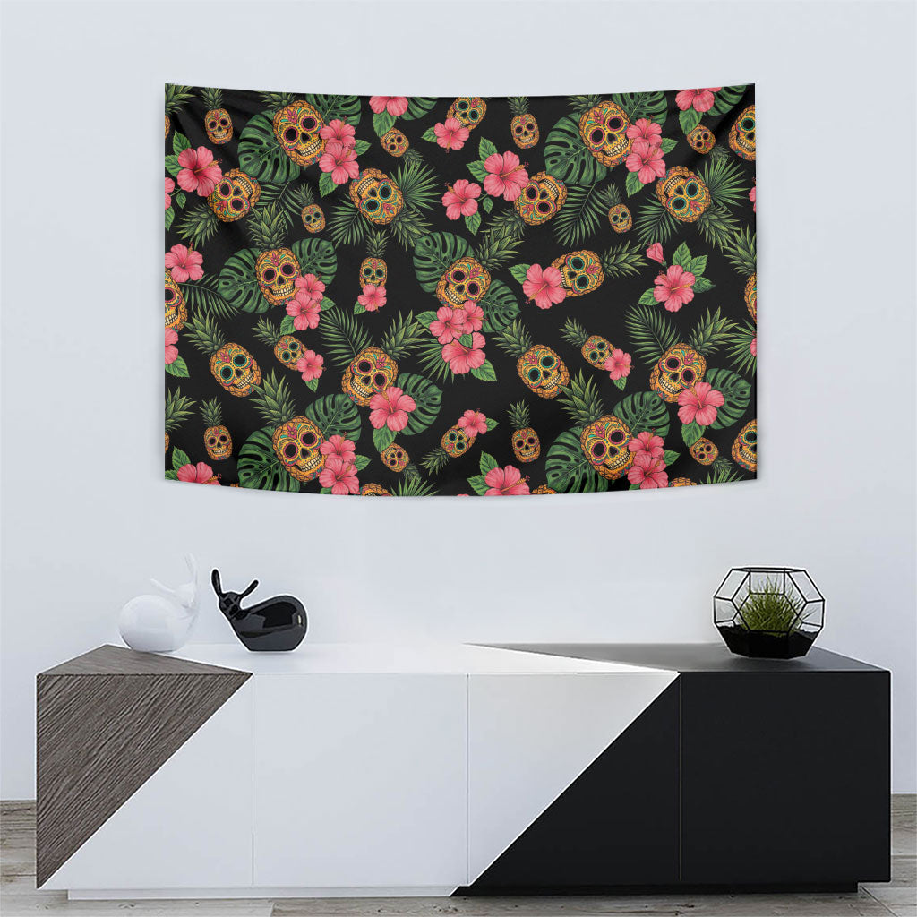 Tropical Calavera Hawaiian Tapestry Sugar Skull Pineapple Hibiscus Floral DT05 - Polynesian Pride