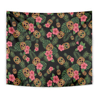 Tropical Calavera Hawaiian Tapestry Sugar Skull Pineapple Hibiscus Floral DT05 - Polynesian Pride