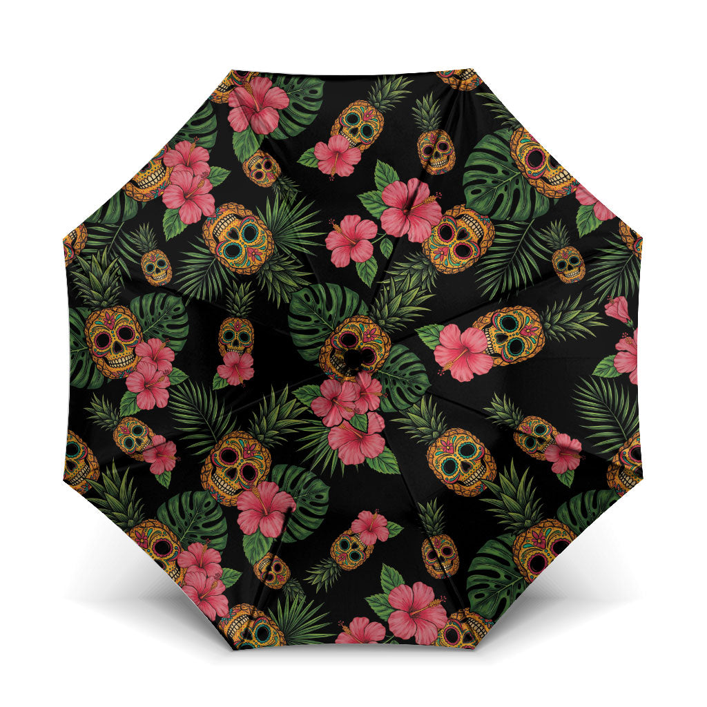 Tropical Calavera Hawaiian Umbrella Sugar Skull Pineapple Hibiscus Floral