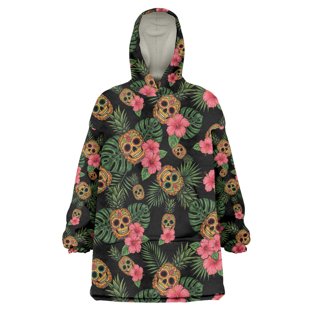 Tropical Calavera Hawaiian Wearable Blanket Hoodie Sugar Skull Pineapple Hibiscus Floral