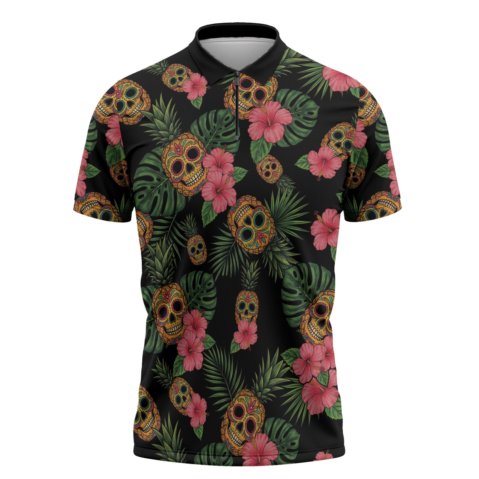 Tropical Calavera Hawaiian Zipper Polo Shirt Sugar Skull Pineapple Hibiscus Floral