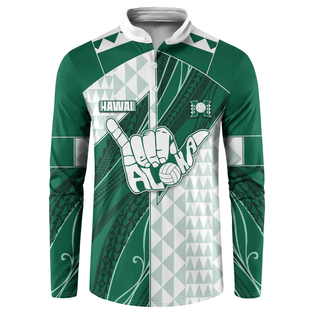 Custom Hawaii Volleyball Button Sweatshirt Shaka Aloha Hand DT05 Green - Polynesian Pride