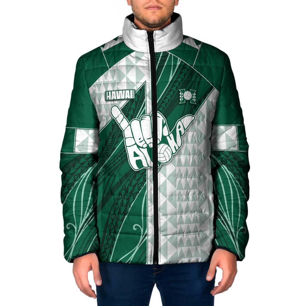 Custom Hawaii Volleyball Padded Jacket Shaka Aloha Hand DT05 Men Green - Polynesian Pride